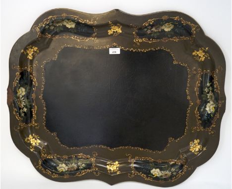 A Victorian papier mache tray, of shaped form, hand painted with cartouches containing flowers, L79cm (AF)