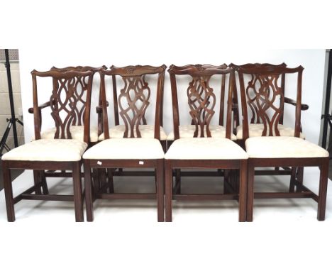 A set of eight Chippendale chairs, comprising six dining chairs and two carver chairs, all with grey upholstered seats, H96cm