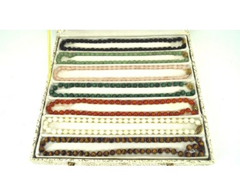 A box of seven silver clasp hardstone bead necklaces, to include tigers eye, jade and quartz Condition Report: approx 23cm (w