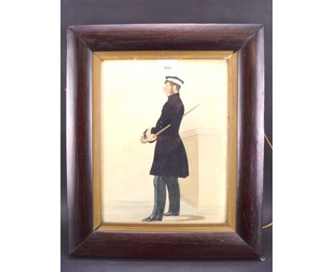 A watercolour of a gentleman dressed in a Victorian naval uniform, carrying a stick,  23cm x 30cm, framed and glazed