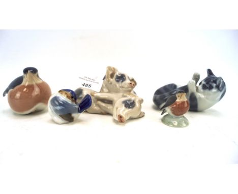 Five Royal Copenhagen ceramic animal figures, comprising a cat, three birds and a pig, max L11cm Condition Report: Overall in