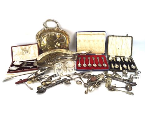 An assortment of silver plate, including cased spoons, WMF silver plate on brass crumb tray with brush, etc