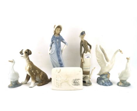 An assortment of Nao and Lladro figures, including geese, two women, a dog etc, max H30.5cm