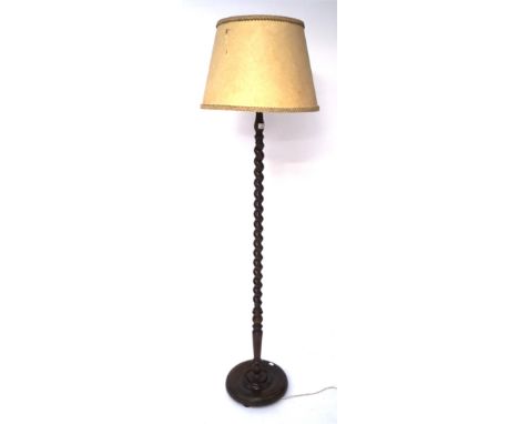 An oak barley twist standard lamp, with shade, 153cm high
