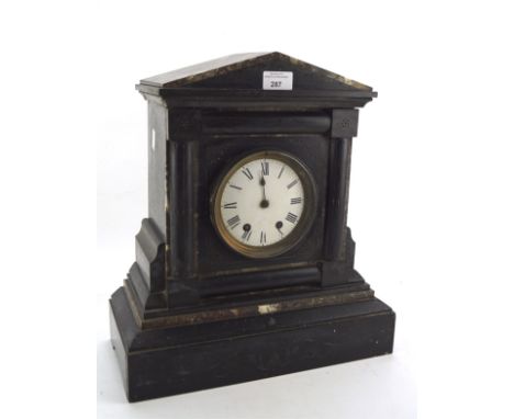 A late 19th century slate mantel clock, with marble inlaid decoration, the enamel dial with Roman numerals denoting hours, H4