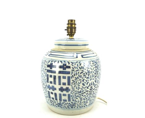 A blue and white Chinese style ceramic ginger jar drilled and fitted with electrical light fitting, H24cm