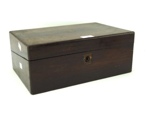 A 19th century mahogany writing box, the interior with a blue leather writing slope, fitted with a pen trough and inkwell, L3