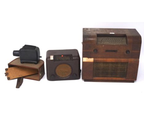 Two mid-century radios and an Agfa opticus 100 projector, one radio by Bush, in a bakelite case, the other by Marconi, larges