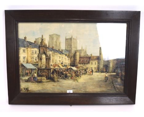A print depicting Wells market, with the Cathedral in the background, marked to bottom right 'Sturgeon', 73cm x 49cm, framed 
