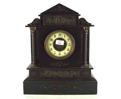 A Victorian slate mantle clock, of architectural form, with Arabic numerals on an ivorine dial, flanked by columns, on plinth