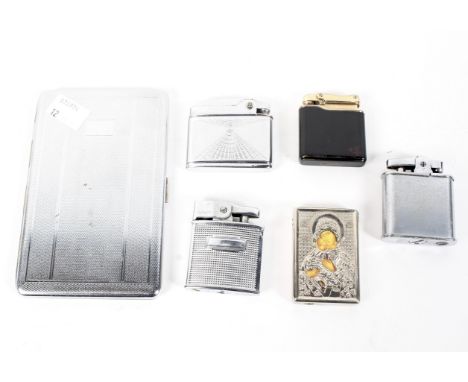 An assortment of vintage cigarette lighters and an early 20th century cigarette case, the lighters including examples by Mesd