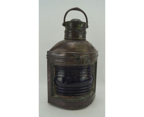 An early 20th century Davey's patent ships yacht lamp, with blue glass, no 16049, approx. H43cm (AF)