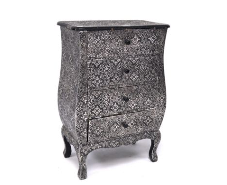 A chest of four drawers of bombe commode shape, covered in embossed metal, H79.5cm