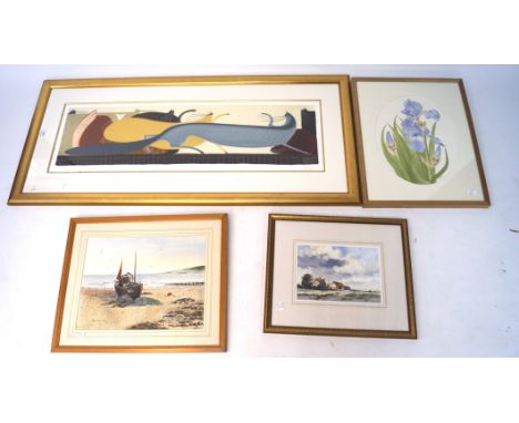 Three watercolours and a large cat print, including irises by Meg Paul, beach scene by Traill Stevenson, 'Marsh Farm' by Adri