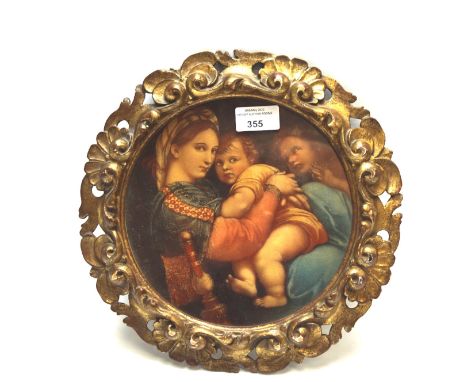 A 20th century Italian wood and gesso framed print of a Raphael painting, depicting Madonna and child, framed 29cm diam.