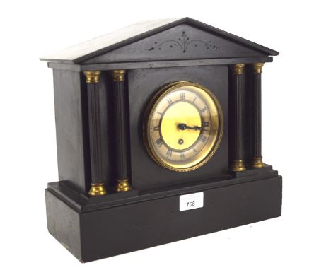 A 20th century slate mantel clock, the gilt dial with Roman numerals, flanked by columns, the case with a pediment top and pl