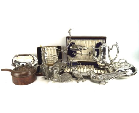 An assortment of silver plate and other metalware, including two boxed sets of fish cutlery, four-piece Old Hall teaset and t