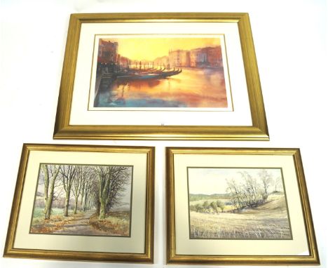 Two watercolours and a limited edition print, both watercolours depicting trees and signed John Mellor, 37cm x 27cm, the prin