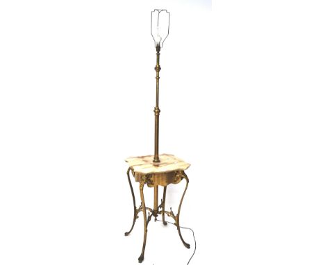 A 20th century brass marble-topped lamp table, raised on cabriole supports, H151cm 