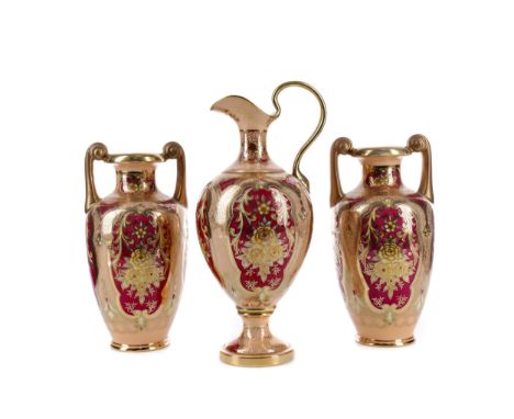 NORITAKE PORCELAIN GARNITURE, comprising a jug, 25cm high, with a pair a of vases, along with another Noritake vase, painted 