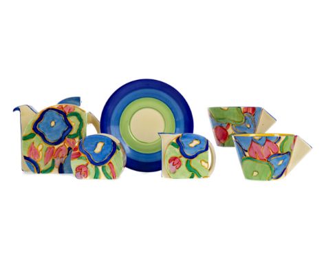 CLARICE CLIFF ART DECO TEA FOR TWO SERVICE, comprising tea pot, sugar, cream, two cups and one saucer, Newport pottery backst