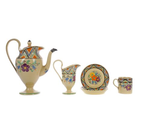 MILLICENT TAPLIN FOR WEDGWOOD EARTHENWARE PART COFFEE SET, comprising coffee pot and cover, cream jug, a coffee can and two s