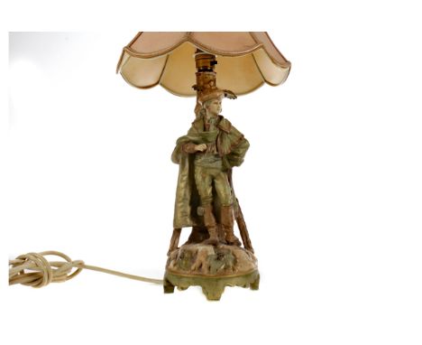 W. &amp; R. AUSTRIAN PORCELAIN FIGURAL TABLE LAMP, modelled as a gentleman stood by a tree trunk, on a naturalistic base on f