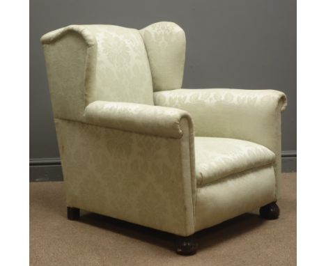Early 20th century wingback armchair, upholstered in light green Damask fabric Condition Report Click here for further images