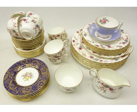 Minton 'Ancestral' pattern part tea and dinner ware with blue and pink flowers on white ground, Spode 'Maritime Rose' tea cup