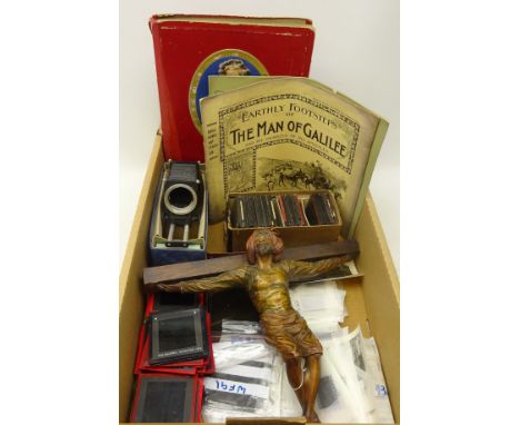 Early 20th century full sized photographic slides, topographical magic lantern slides, BPM bellows unit, carved softwood Corp