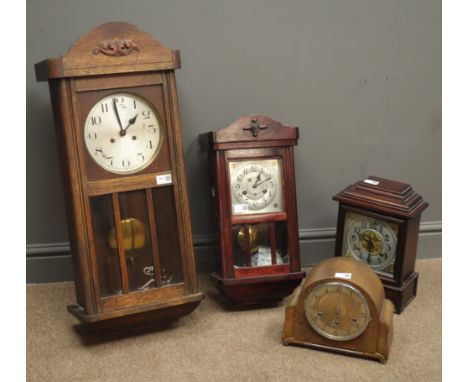 Early 20th century oak cased wall clock, 20th century stained beech wall clock, Art Deco oak cased mantel clock and another m