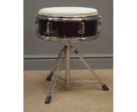 Drum Stool grey upholstered top and burgandy body with chrome fittings and folding tripod stand, W40, H51cm Condition Report 