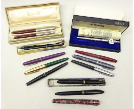 Collection of fountain pens including; boxed Parker pen, boxed Parker '51' fountain and ballpoint pen set, three 14 carat gol