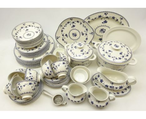 Royal Doulton 'Yorktown' pattern tea and dinner service decorated with blue grapevine pattern on white ground for seven perso