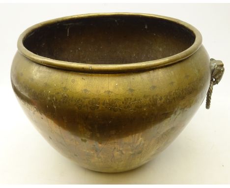 Large Indian brass planter, decorated with a procession, two elephant mask loop handles, H35cm Condition Report Click here fo
