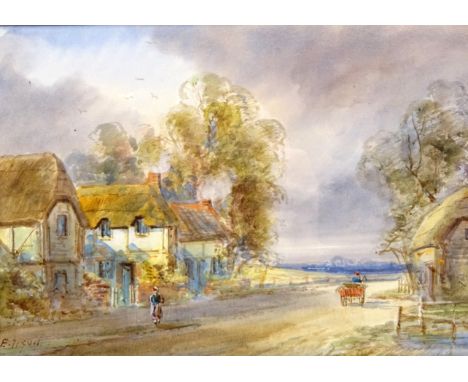 Figures in the Village, watercolour signed by E Nevil (British 19th/20th century), 'Cornfields Milford', watercolour signed A