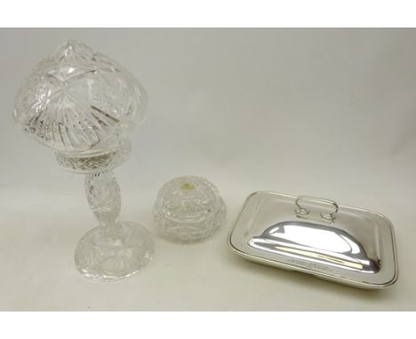 Bohemian cut crystal table lamp, H39cm and silver-plated two division entree dish both presented to Mrs Petch by the Members 