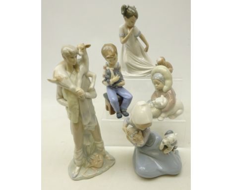 Three Lladro figures; Eskimo boy with Polar Bear, Girl with dog and cat, Farmer with Calf and two similar Nao figures (5) Con