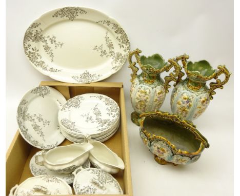 Austrian three piece matched garniture decorated and a Victorian  part dinner service decorated with black foliage on white g