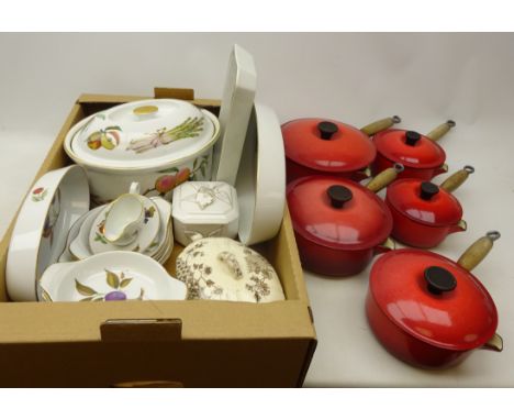 Set of five graduating Le Creuset pans, D22cm max, Royal Worcester Evesham dinner ware comprising large tureen and cover, ser