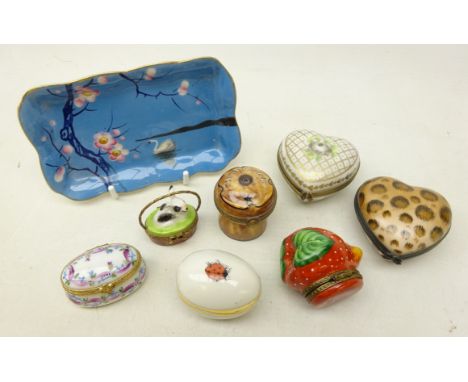 Seven Limoges hand painted trinket boxes in various form, two heart shaped, Strawberry, Cork, Rabbit in basket, egg shaped et
