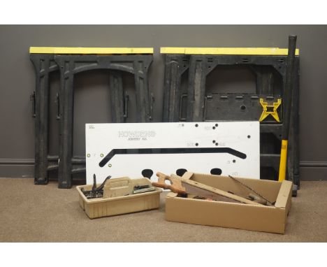 Howdens Joinery Co. work top jig, two pairs trestles and various hand tools Condition Report Click here for further images, c