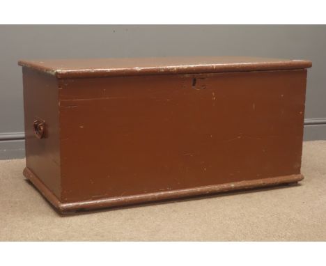 19th century painted pine trunk, hinged lid enclosing fitted interior, W99cm, H49cm, D52cm Condition Report Click here for fu