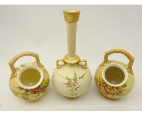 Two Royal Worcester blush ivory salt cellars no. 916 and a two handled bottle shaped vase no. 784 (3) Condition Report Click 