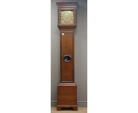 18th century oak longcase clock, square hood with barley twist columns, square brass dial inscribed 'Bell Fecit', trunk door 