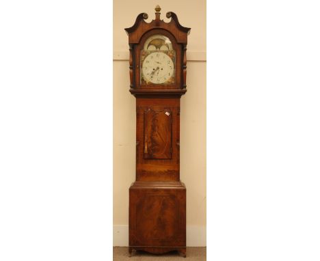 Early 19th century mahogany longcase clock, the swan neck pediment with finial, stepped arched glazed door and turned support