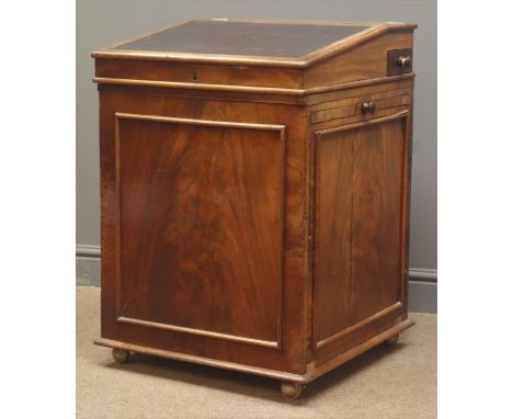 19th century mahogany Davenport, leather insert hinged desk top, trinket drawer, cupboard door enclosing three drawers, W56cm