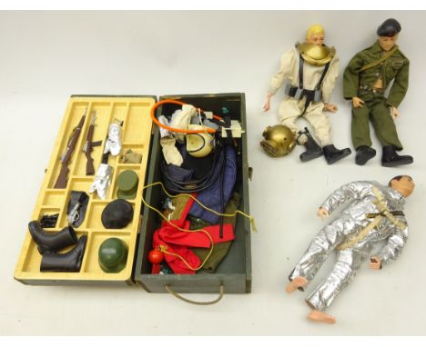 1964 Action Man Wooden kit locker box and 3 action men; soldier, deep sea diver and astronaut, plus small collection of cloth