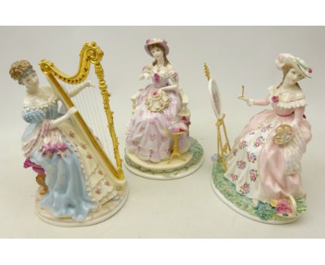 Three Royal Worcester limited edition figurines designed by Maureen Halson, Music, Painting and Embroidery (a/f) (3) Conditio