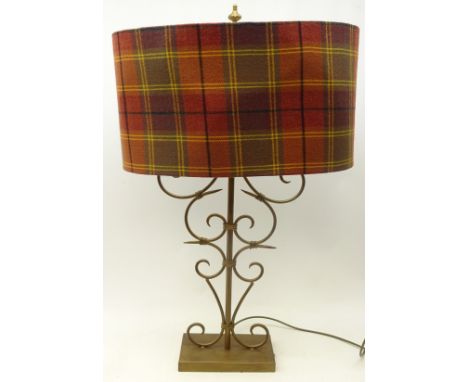 Large gilt metal table lamp with scroll stem and tartan shade, H93cm overall  Condition Report Click here for further images,